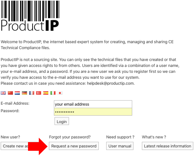 ProductIP-Plattform neues Passwort anfordern